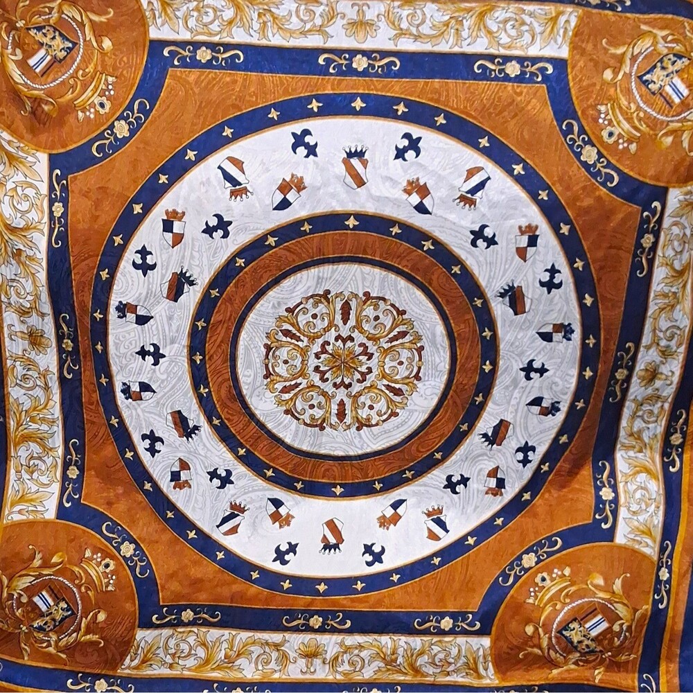 Vintage Square Scarf, Brown Blue White Gold, Geometric Heraldic Print
